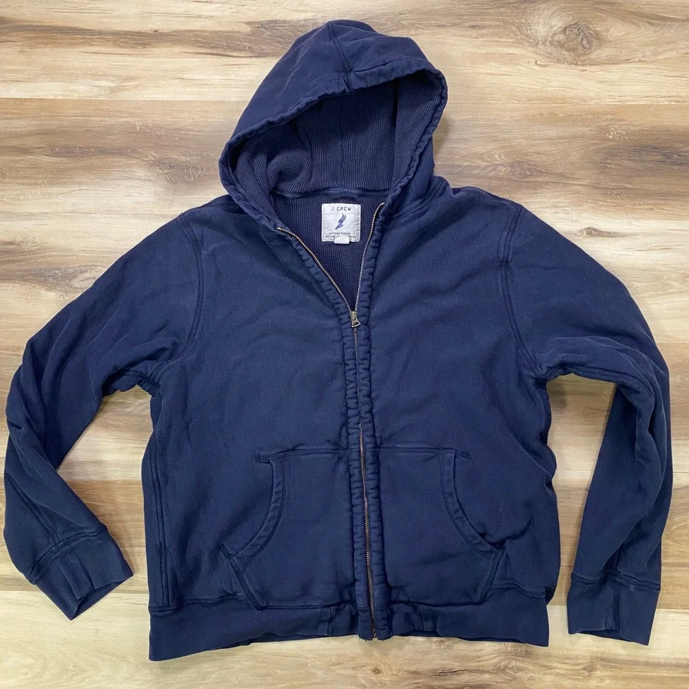 J.Crew Full Zip Hoodie Size L Vintage Fleece Cotton Blend Navy Blue 2000s Y2K